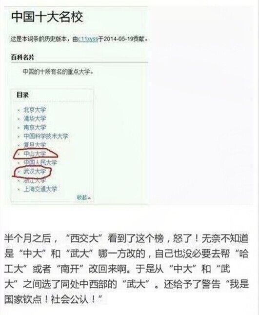 中国十大名校百科词条变更全过程
